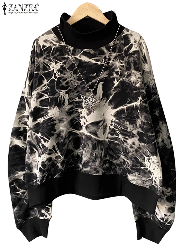 ZANZEA-sudaderas con capucha de cuello alto para mujer, sudaderas con estampado Tie-Dye para vacaciones, jerséis informales de manga larga para ir al trabajo 2024