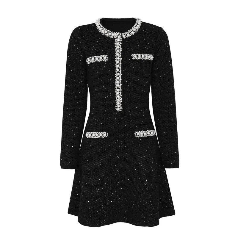 LEOSOXS Vestido feminino elegante de malha preto pérola e diamante detalhando bainha queimada para sofisticação de luxo sofisticada atemporal 2025