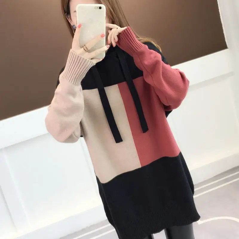 Suéteres coloridos casuais com capuz emendado para mulheres, pulôveres soltos que tudo combina, tops coreanos de malha, roupas femininas, moda, inverno, 2023