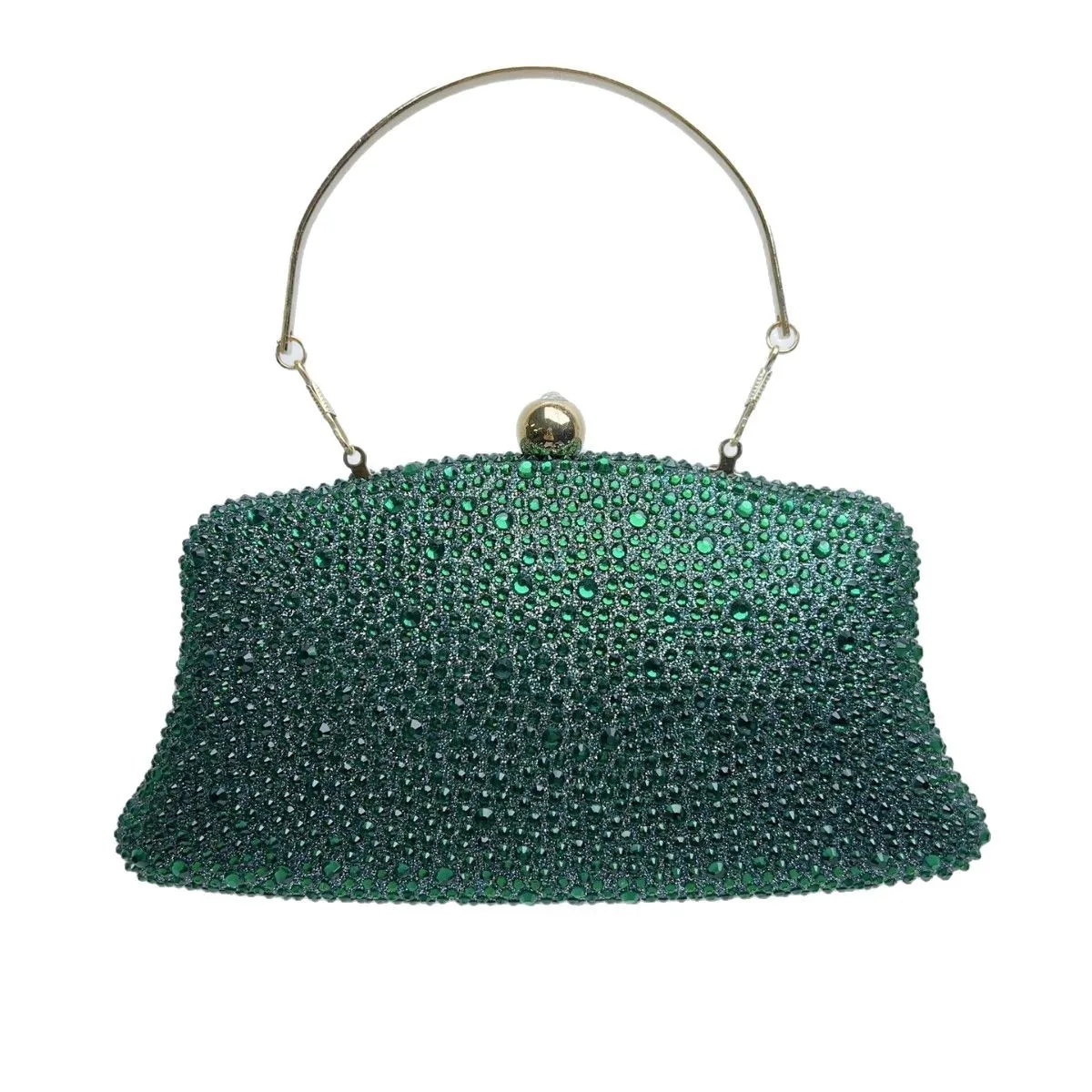 Emerald Green Full Dense Rhinestone Thin Metal Handle Trapezoid Lock Clutch Luxury Retro Evening Bag For Middle Aged Women Purse