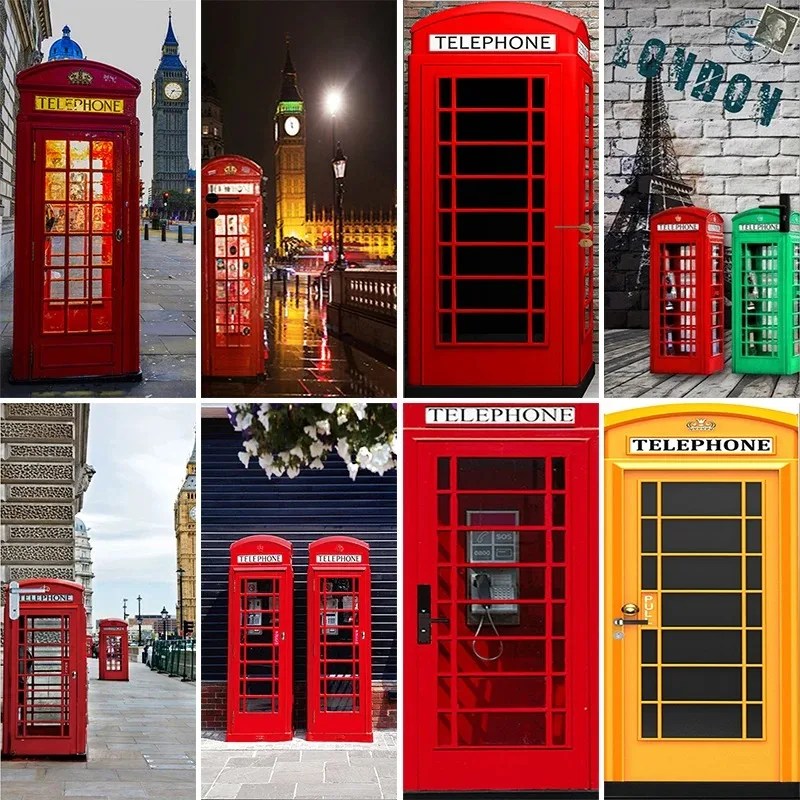 

3D London Red Phone Booth Door Sticker Big Ben British Street Scenery Removable Self Adhesive Wallpaper Home Decor