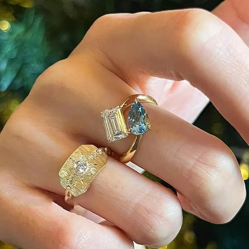 Fresh Classic Sea Blue Gemstone Water Drop Rings for Women Fashion Light Luxury Square Ring Opening Adjustable Wedding Jewelry - view 5