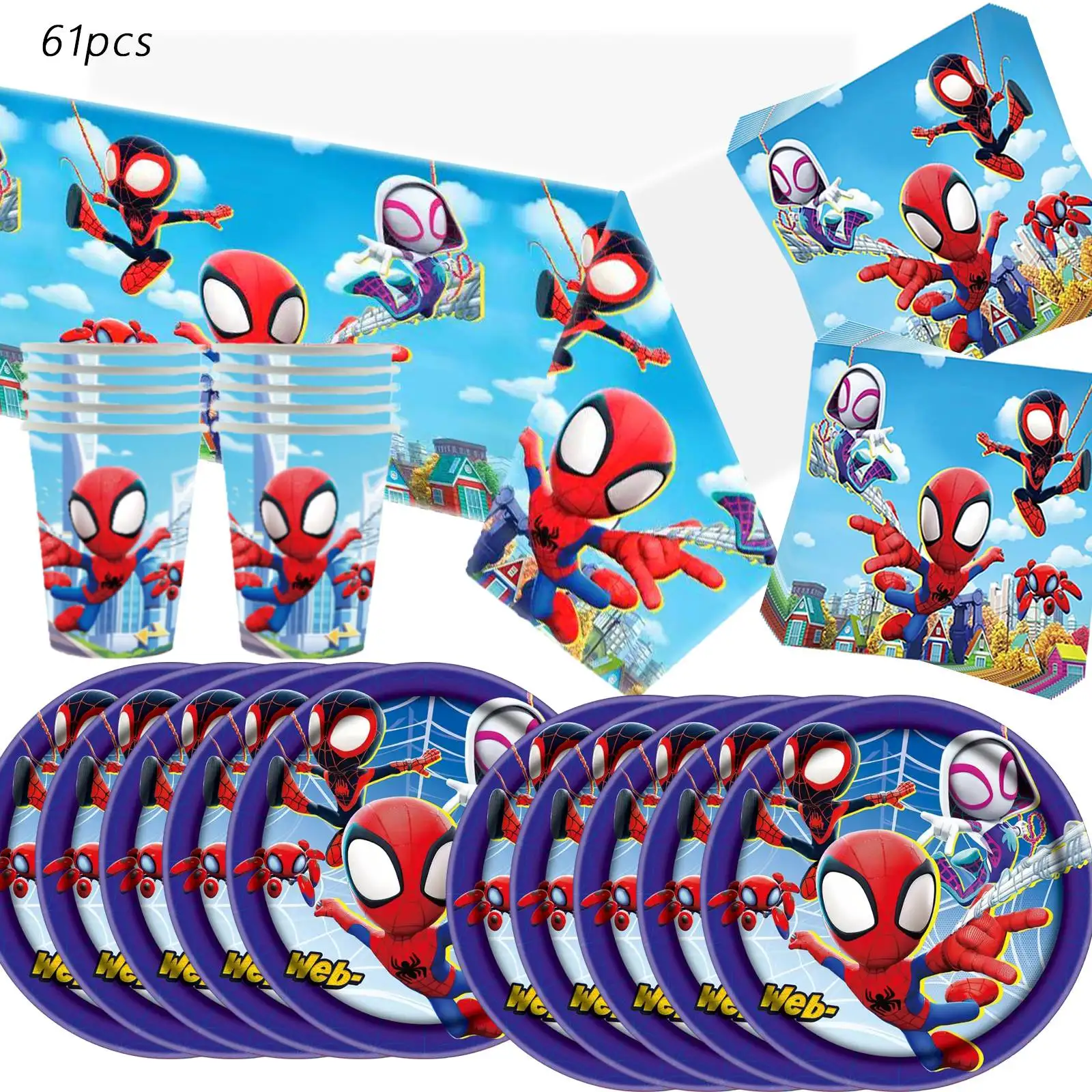 61 pièces de fournitures de fête Spidey et ses amis extraordinaires, comprenant assiettes, serviettes, gobelets en papier, nappe pour la décoration de fête Spider-Man