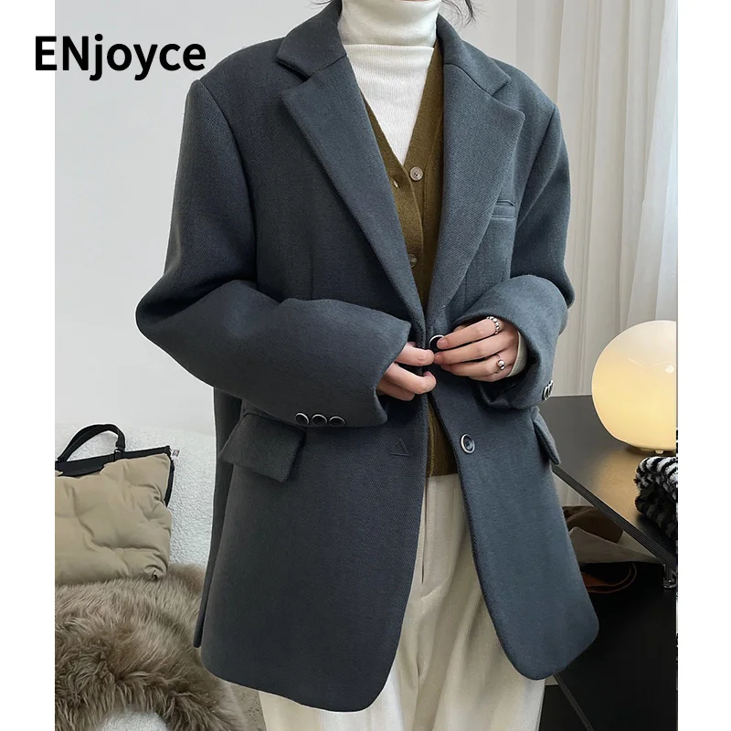 ENjoyce Women Stylish Gray Woolen Blazers  Winter Thick Striaight Coats Pocket Decoration Modern Office Ladies Slim Suit Jackets