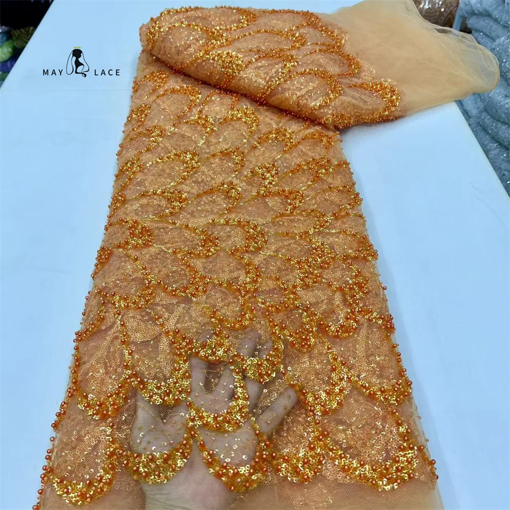 

High Grade African Beaded Lace Lace 2025 High Quality Nigerian Sequins Mesh Lace French Tulle Fabric for Sewing Party Dresses