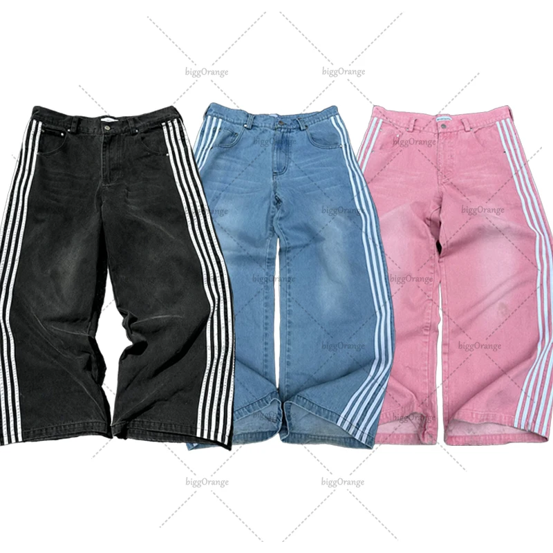 American Retro Striped Baggy Washed Jeans Harajuku Y2K Streetwear Trousers Men Colorful Personality Casual Straight Pants Women