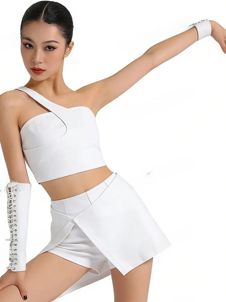 white-dance-performance-suit-new-style-shoulder-bared-tube-top-sleeve-cover-up-top-women's-adult-latin-dance-practice-set