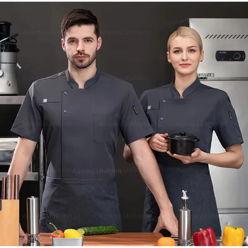 Verão chef shorts jaqueta masculina cinza chef uniforme aventais manga curta respirável casaco de chef restaurante cozinha preto roupas de trabalho