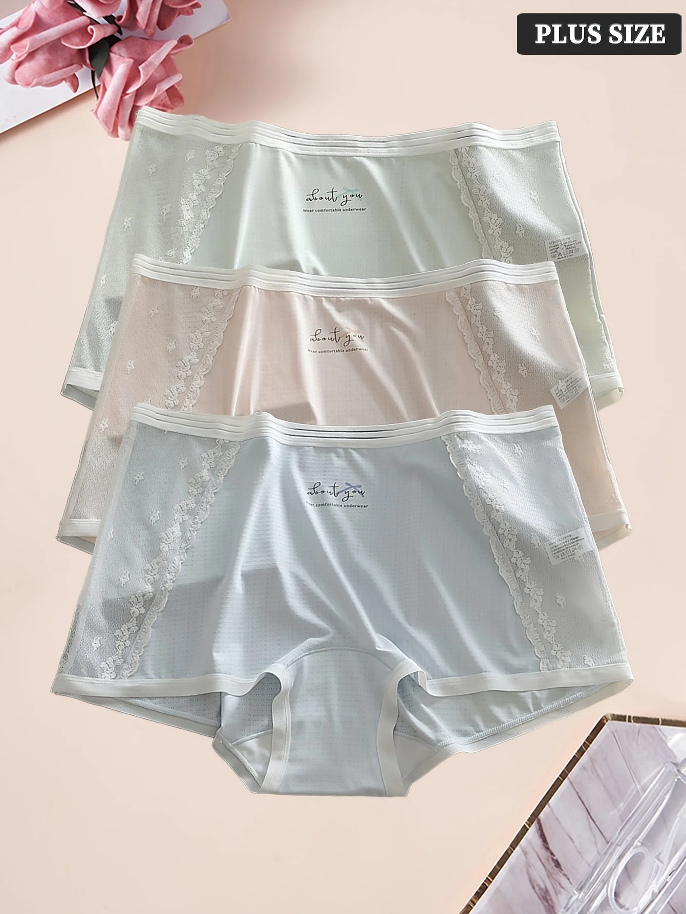 

3 PCS women's plus size boy shorts sexy lace patchwork panties, semi transparent soft and comfortable underwear, suitable for da