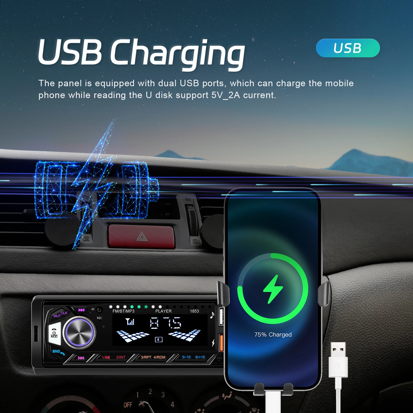 Podofo Auto 1din Audio Radio Bluetooth Stereo MP3-Player FM-Empfänger unterstützt Telefonaufladung AUX/USB/TF-Karte mit Telefonhalterung – Detail 10