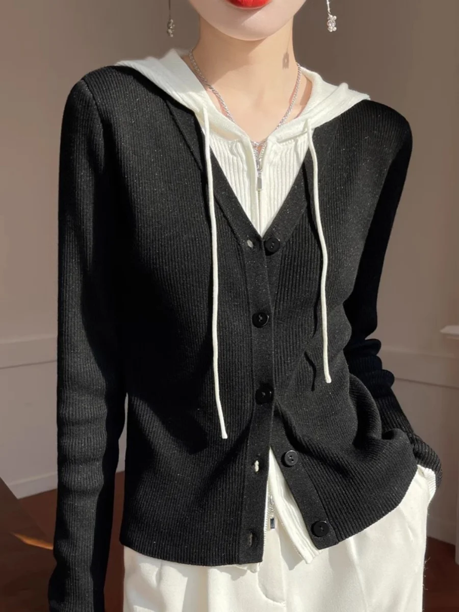 

Spring Knitted Woolen Open Cardigan Women's Hat Fake Two-Piece Thin Sweater Jaet Layering Versatile Outerwear New