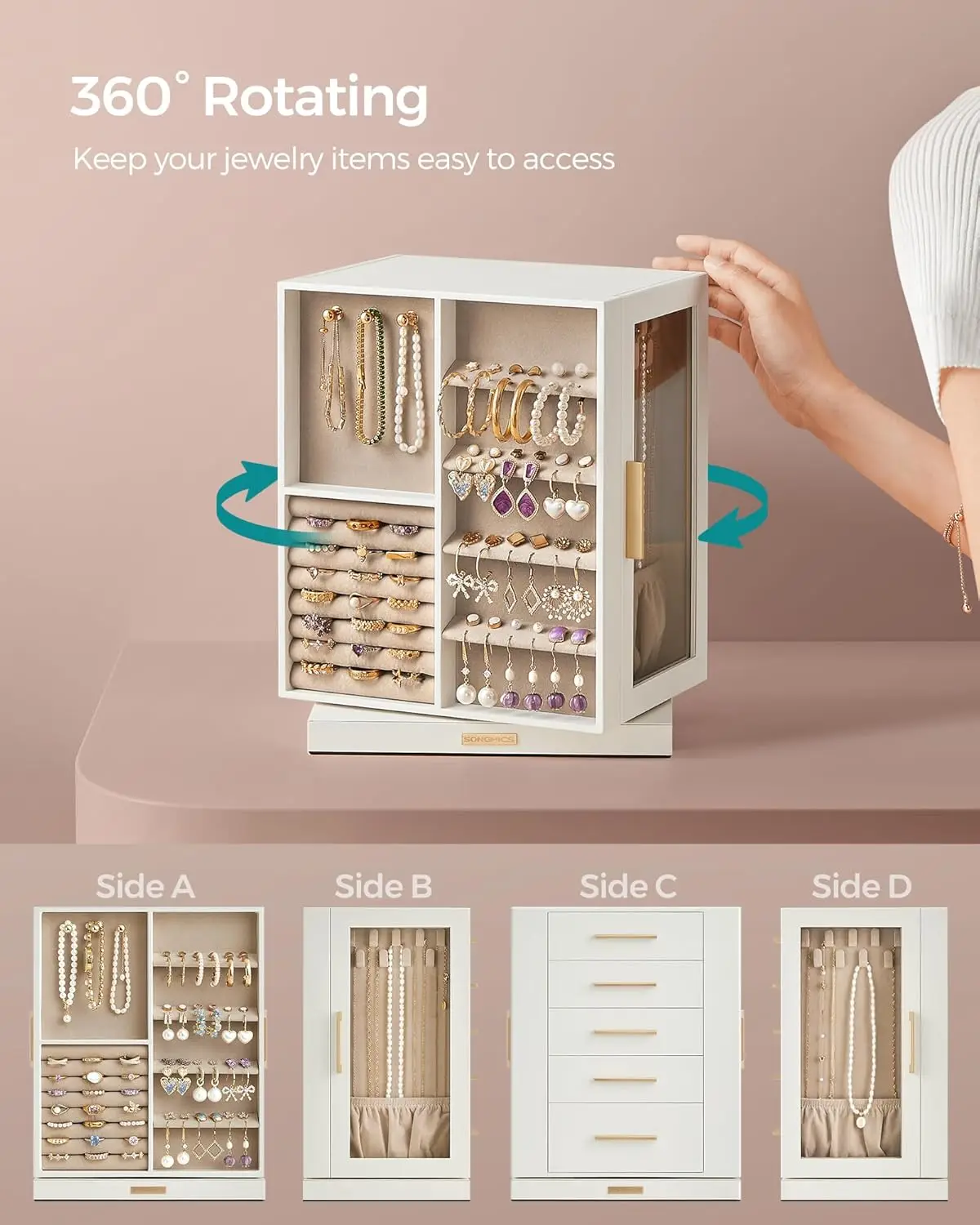 

LUNEVA Store SONGMICS GISELLA Collection - Jewelry Box Organizer 360° Rotating, Vertical Jewelry Storage Case with 5 Drawers, Glass Window, Spacious, Open Design, Great Gift, Cloud White UJBC170W01