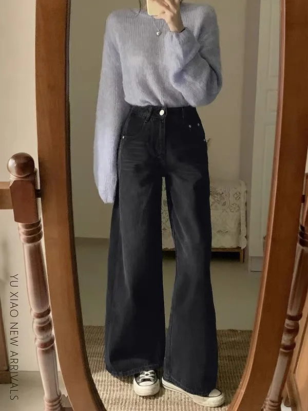 Black Wide Leg Denim Jeans Women's Loose Fit High Waist Straight Casual Style for Junior And Senior High School Students