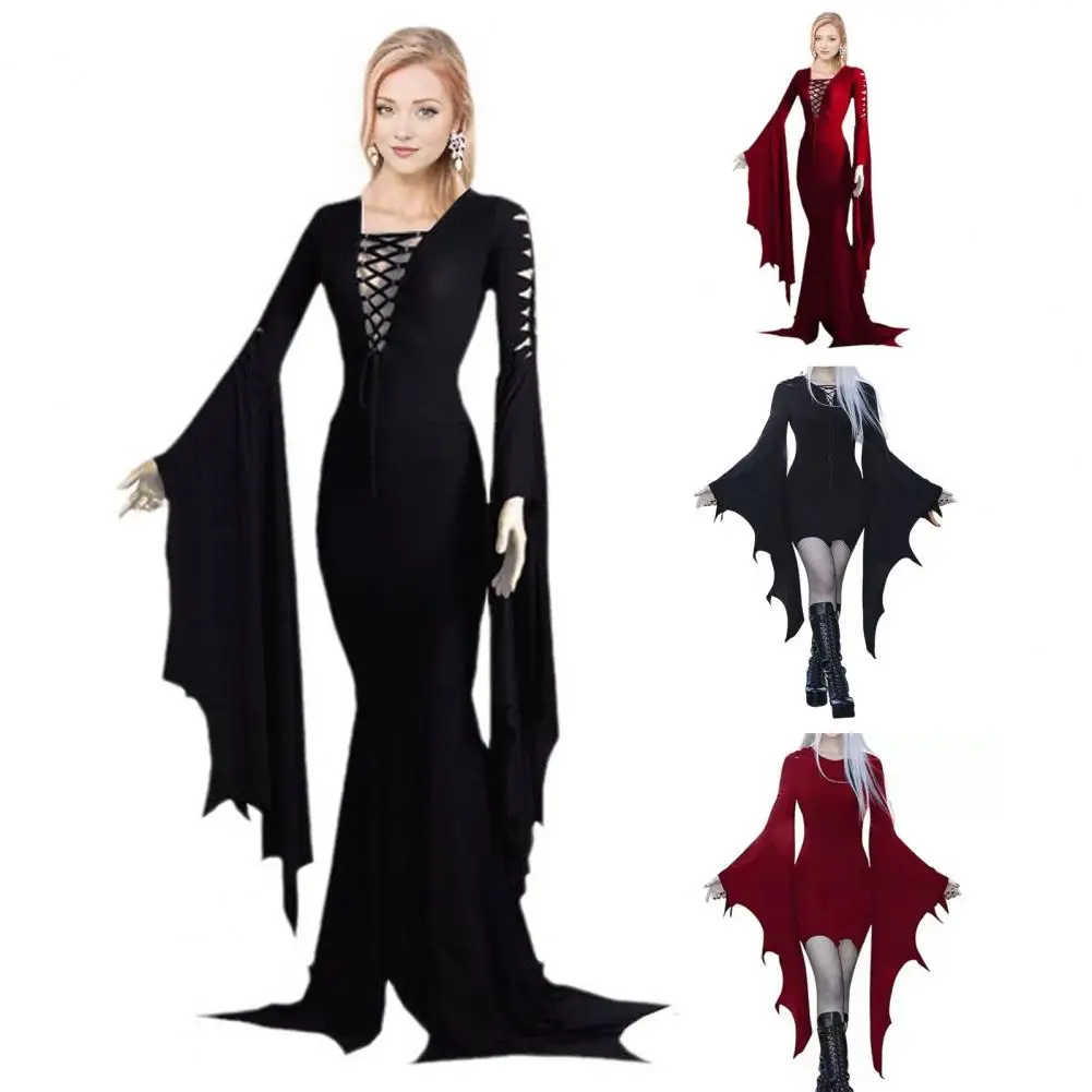 

Beach Party Dress Elegant Lace-up Vampires Cosplay Maxi Dress for Women with Irregular Ruffle Cuff Bell Sleeves for Halloween