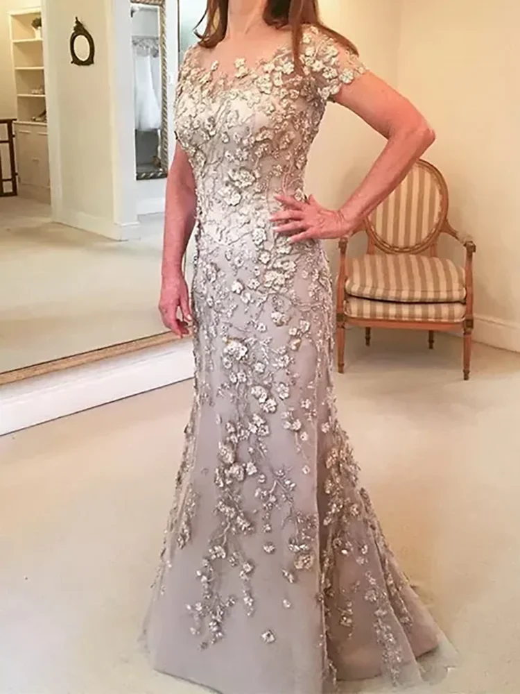 

Elegant Appliquins Flowers Short Sleeve Mermaid Formal Evening Dresses Birthday Party Prom Gowns Customized