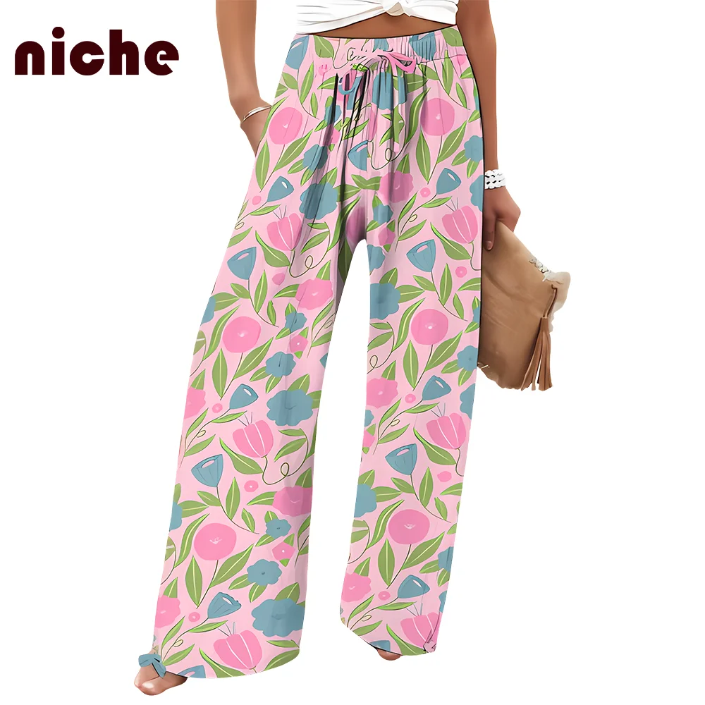 Y2k Style Women's Beach Pants High Quality Cotton And Linen Chic Flower Graphic Printing Loose Trend New Loose Trousers