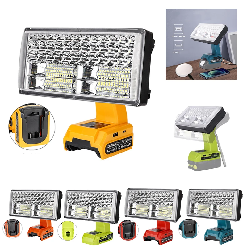 LED Portable Work Light for Makita/DeWalt/Milwaukee/Bosch/Ryobi/Black & Decker/Craftsman18V Battery With USB Type-C port