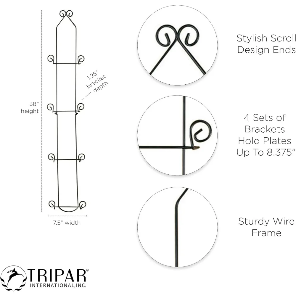 Vertical Wall Plate Rack 4-Tier Black Display Stand - Durable Metal for Kitchen Decor & Artwork