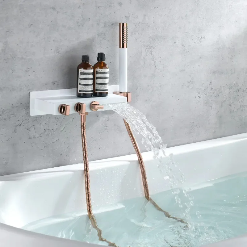 

Bathtub Faucet Set Bathroom Wall Mounted White Rose Gold Solid Brass Big Plate Bathtub Waterfall Shower Set Newly