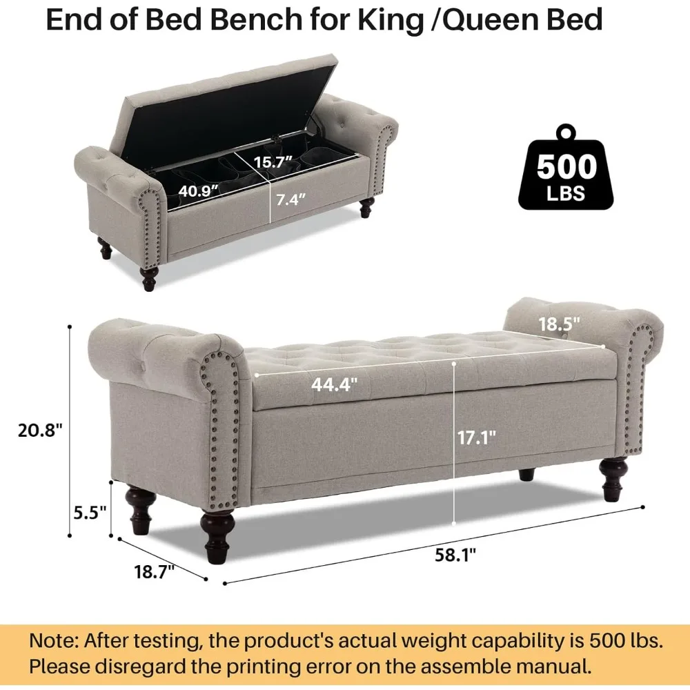 Storage Bench Upholstered Linen End of Bedroom Bed Bench Ottoman with Tufted Cushioned Rolled Arm Large Storage Space