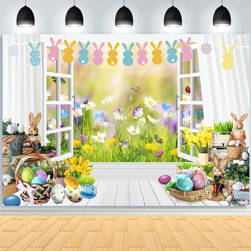 SHENGYONGBAO Green Spring Easter Day Photography Backdrops Props Hare Rabbits Colorful Eggs Wood Photo Studio Background VV-15