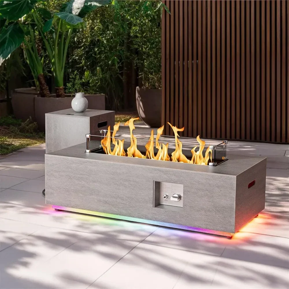 

42'' Fire Pit Table with RGB LED Lights，50,000 BTU Propane Gas Fire Pits with Tempered Wind Guard Glass，Firepit Table