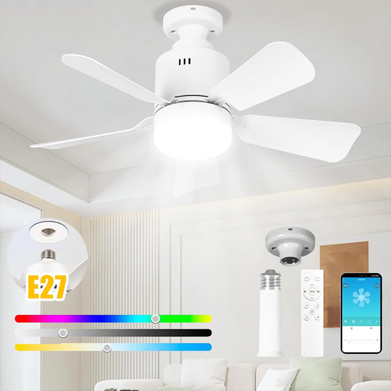 

E27 Потолочный вентилятор с дистанционным управлением через приложение RGB светодиодный светильник с изменением цвета для ресторана, спальни, гаража, кухни, декора освещения