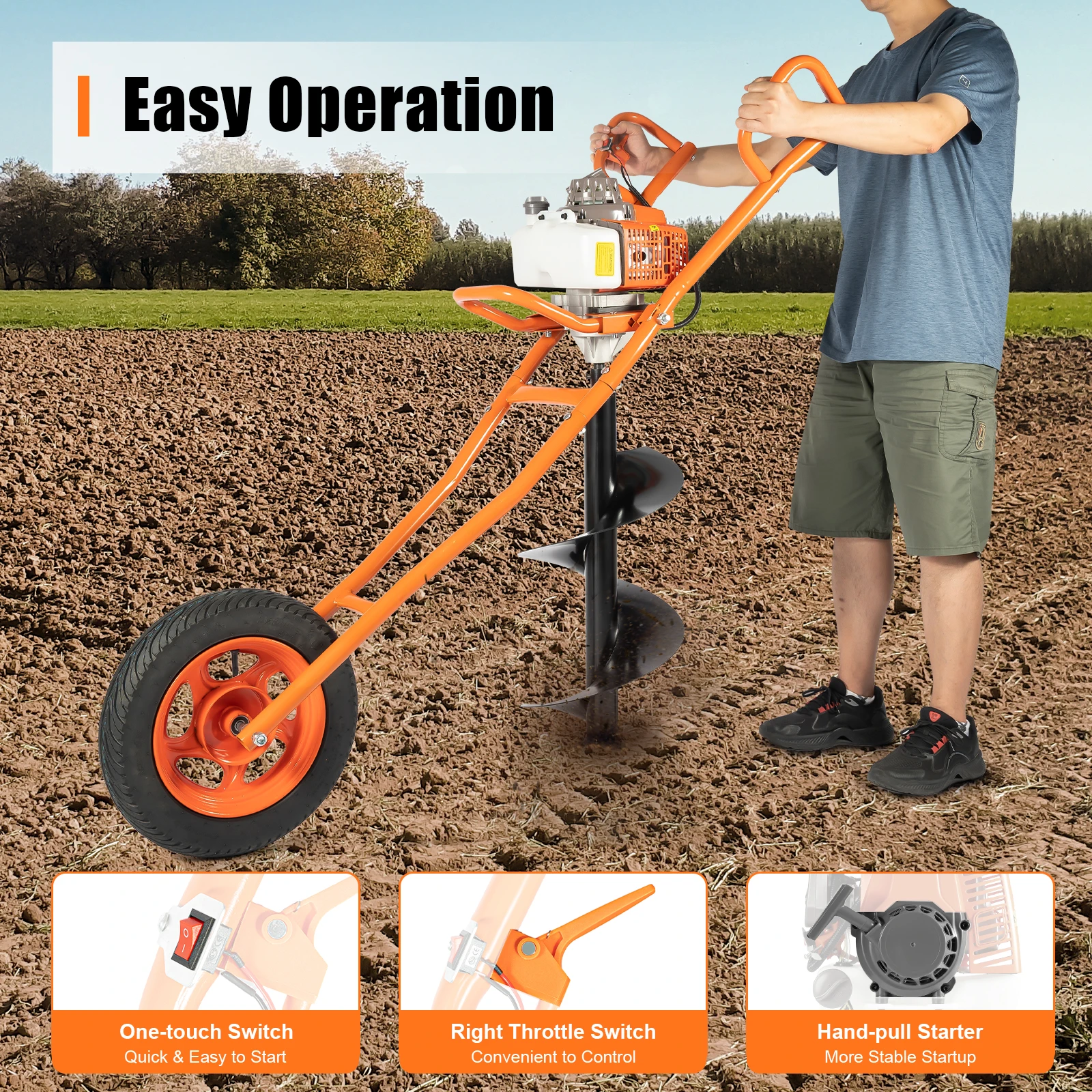 63CC Post Hole Digger 2-Stroke 3HP Gas Powered Auger Post Hole Digger,Large Fuel Tank Ground Drill Wheelbarrow