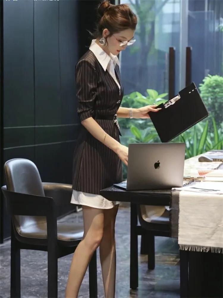 Early Autumn Popular New Style Professional Fake Two-Piece Dress Women's Elegance White Shirt Splicing Slimming Suit Skirt