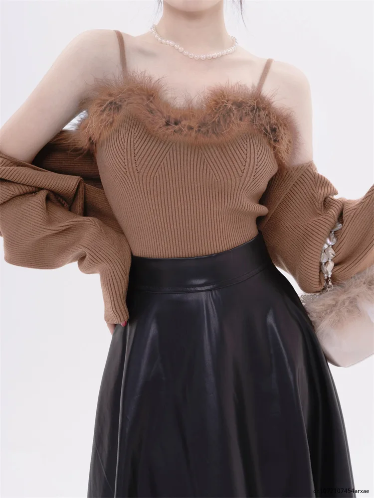 Two- piece Sweaters Women Korean Fashion Long Sleeve Knitted Cardigan Woman + Fluff Camisole Sweet Camisole Female