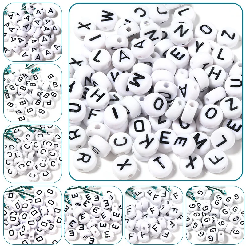 100Pcs White Round Acrylic Letter Beads 4x7mm A-Z Alphabet Beads Loose Spacer Beads for Jewelry Making DIY Bracelet Accessories