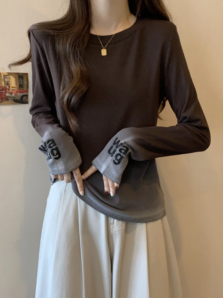 Retro American Long Sleeve Women's T-shirt Spring Autumn plus Size Fleece Thickened Base Shirt Slimming Top Korean Style roun...
