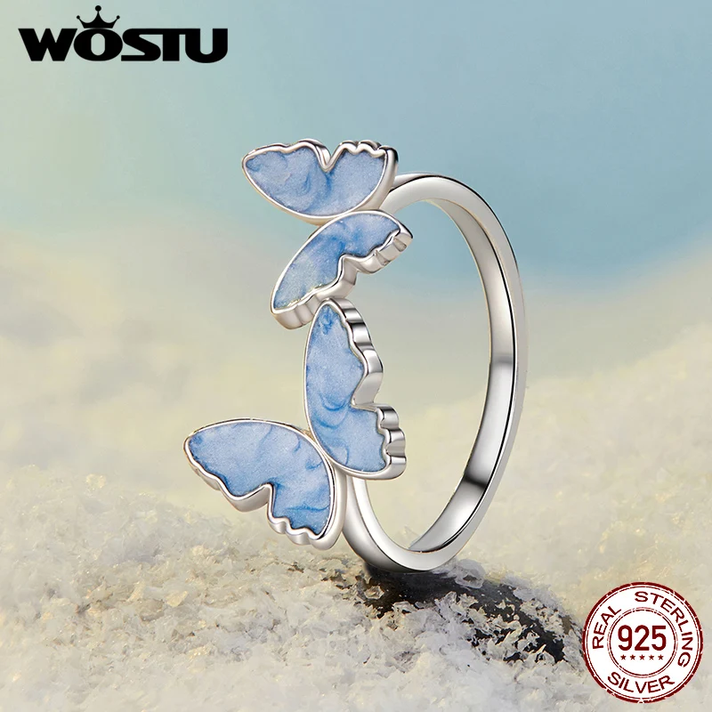 

WOSTU стерлингового серебра 925 пробы, синее кольцо с бабочкой и цветком, открытое кольцо «Снежная гора», регулируемое для женщин, ювелирные изделия, подарок для вечеринок и свиданий