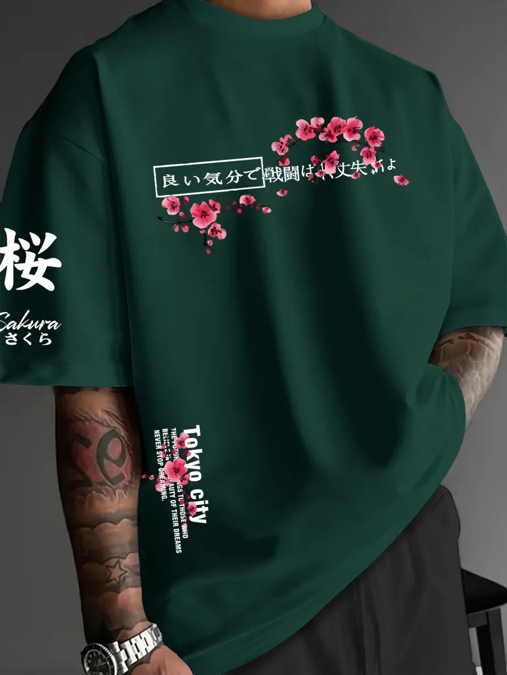 Hot Selling New Summer Men's Creative Cherry Blossom Letter Print Soft and Breathable Round Neck T-Shirt Outdoor Casual Top