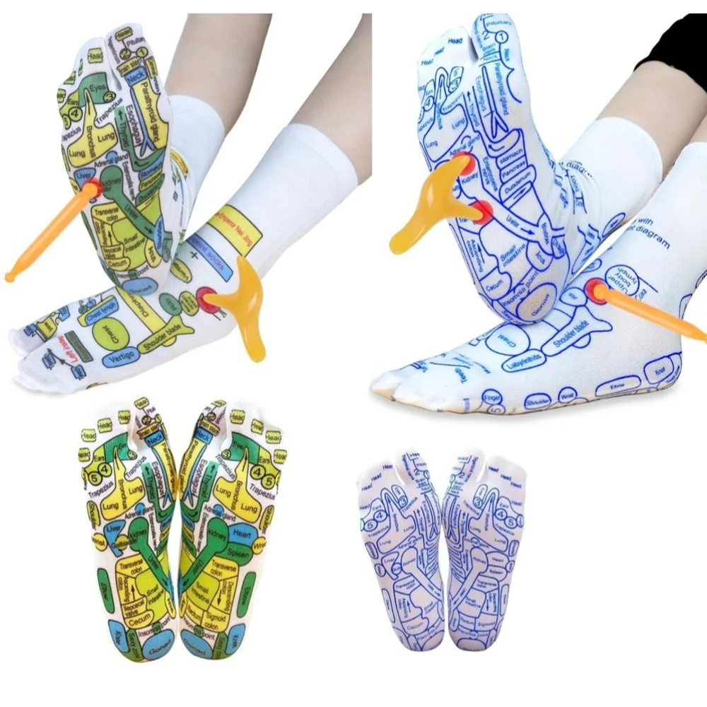 2쌍 반사요법 양말 세트 도구 지압 침술 트리거 포인트 발 통증 완화 요법 지압 마사지 발 관리 도구