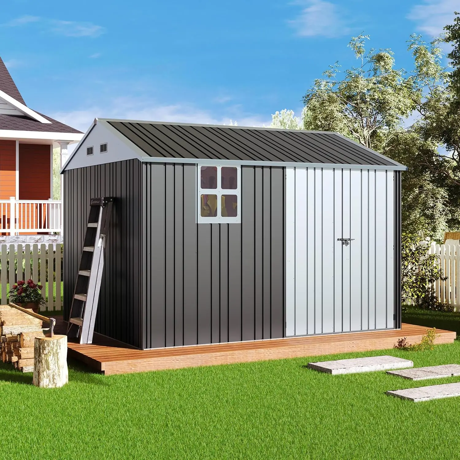 10x8.6x7.5 FT Sheds & Outdoor Storage, Lockable Double Hinged Doors and 4 Vents, Metal Large Shed, Backyard Storage for Bikes