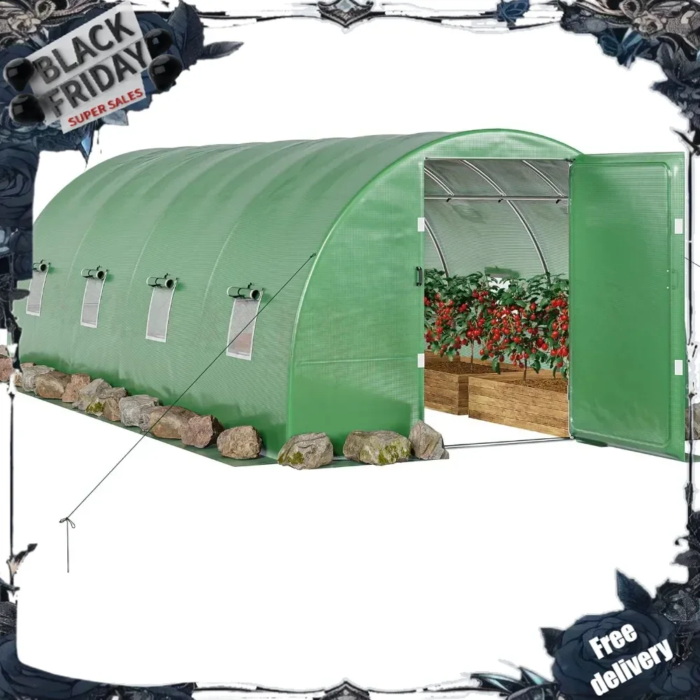 

20x10x7ft Greenhouse Extra Large Heavy Duty Large 2 Swing Doors Walk-in Greenhouses Tunnel Green Houses Outdoor 8 Windo