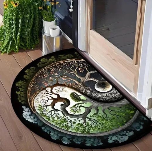 Tai Chi Yin Yang Grey Black Green Tree Life Design Half Round Door Mat Outdoor Indoor Welcome Mat Room Decoration