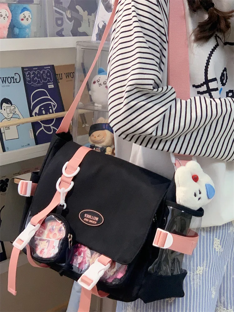 حقيبة كروس للفتيات على الطراز الأكاديمي اللطيف، سعة كبيرة، حقيبة ساعي شفافة متعددة الاستخدامات