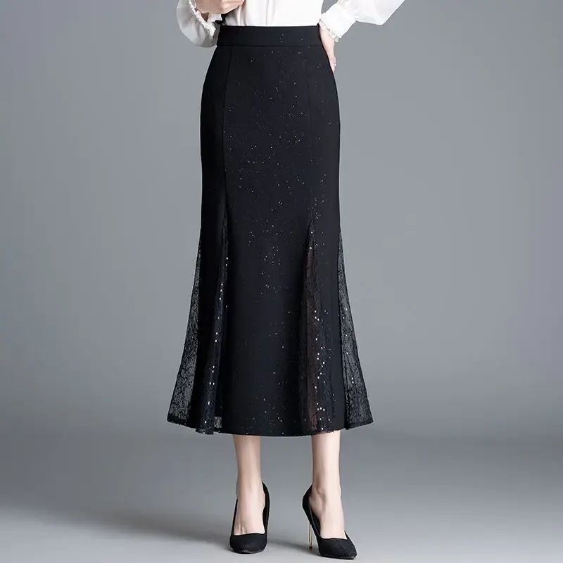 New Spring Lace Spliced mid-length A-line Skirt Full of Stars and High Waisted Silverfish Tail to Make You Look Slim Skirt