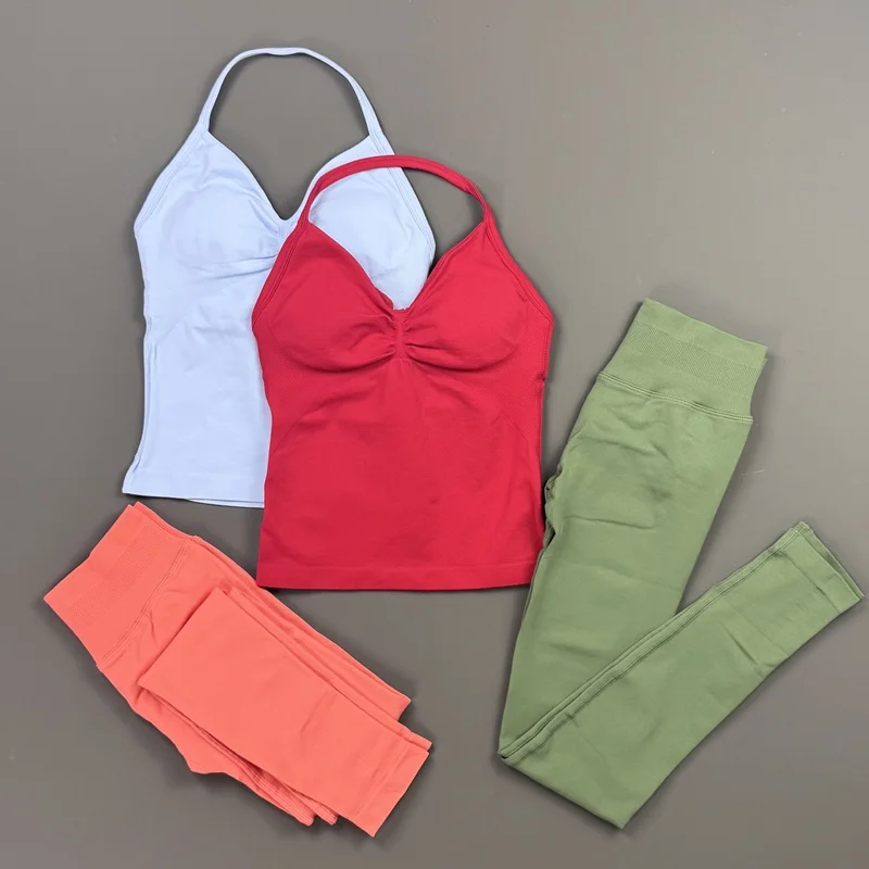 2 Pieces Gym Suit Women Yoga Tank Top Sports High Waist Hip Lifting Leggings Seamless Soft Stretchy Set Pilates Gym Workout Sets
