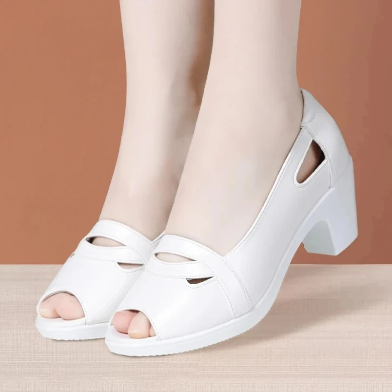 

2025 6cm Small Size 32-43 Open Head Genuine Leather Shoes Women Sandals Summer Med Block Heels Sandals for Office Mother