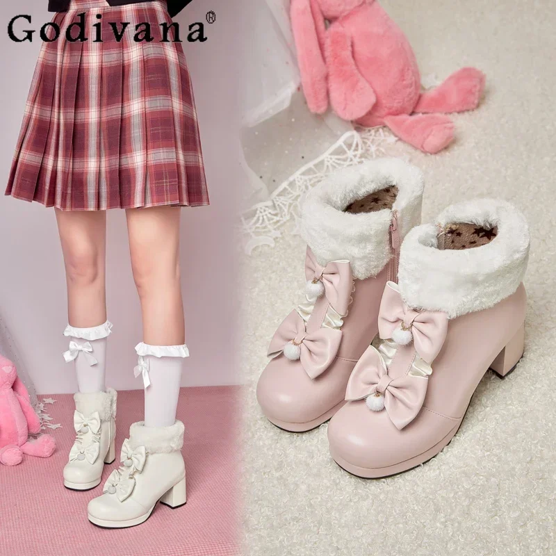 

Korean Sweet Cute Girls Snow Boots Womens New Winter Fashion Fleece Thickened Ankle Boots Japanese Ladies Lolita Short Boots