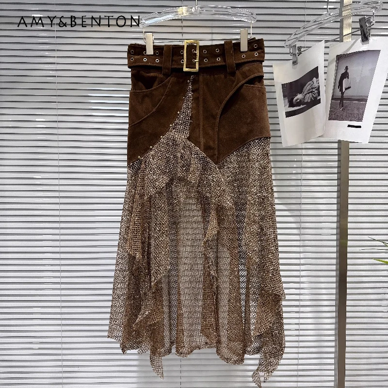 

Fashionable Retro Metal Rivet Belted Splicing Shiny Gold Mesh Women's Skirt 2026 New Arrival Elegant Versatile Skirts Ladies