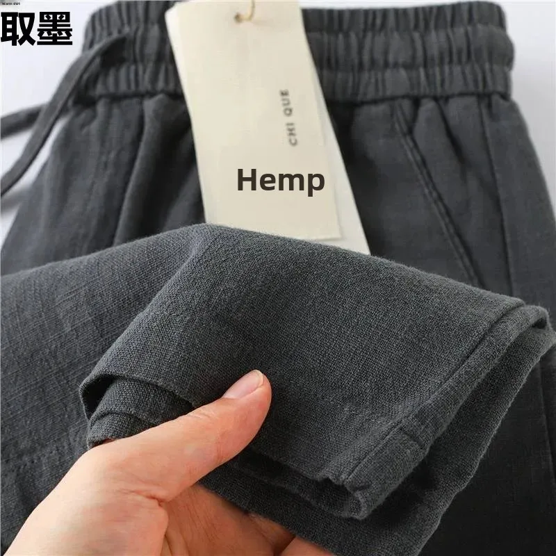 Natural Linen Fabric Grey Heavy-Duty Loose-Fit Casual Pants Summer Thin Cotton Linen Straight-Leg Pants Casual Style Other Scene