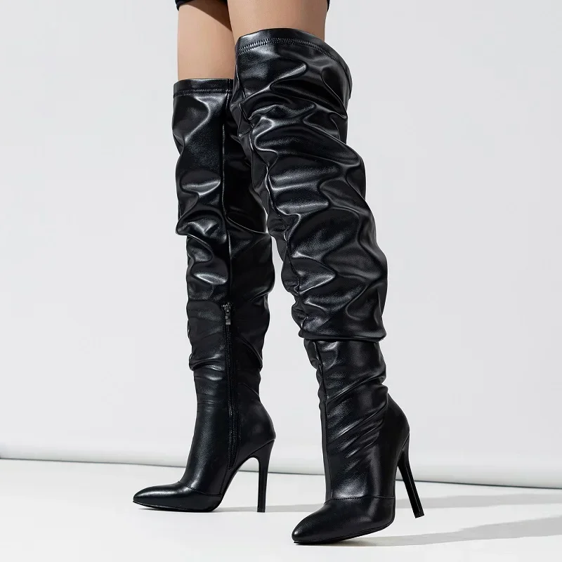 Eilyken Autumn Winter Sexy Pleated Pointed Toe Thigh High Women Boots Zipper Long Over The Knee Botas Largas De Mujer