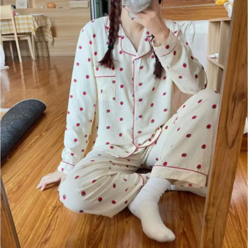 Sweet Cherry Cotton Pajama Set Thin Short Sleeve Long Sleeve with Collar Home Clothes Long Pants Sleepwear for Women