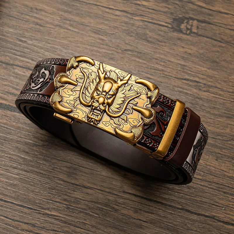 3,5 cm Beliebter chinesischer Loong-Gürtel aus Metalllegierung mit automatischer Schnalle, luxuriöser Herren-Gürtel aus echtem Leder, Retro-Gürtel mit geschnitzten Blumen – Detail 18