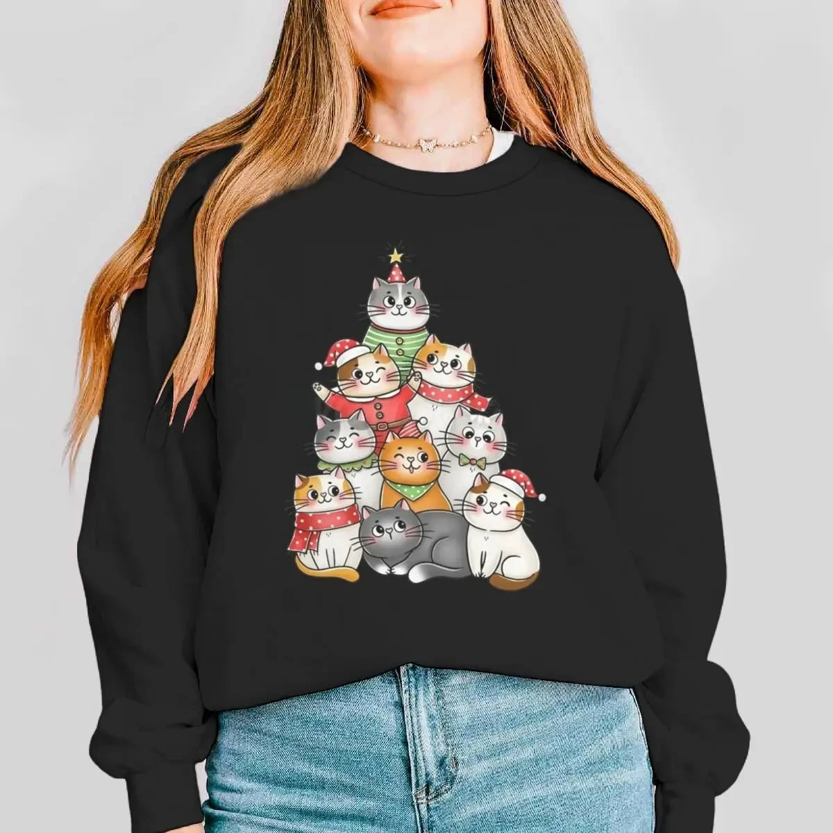 2026 sudadera de dibujos animados Kawaii de gato para mujer, jerséis bonitos de animales de Feliz Navidad, camisa con capucha de dibujos animados de Navidad Meowy de manga larga