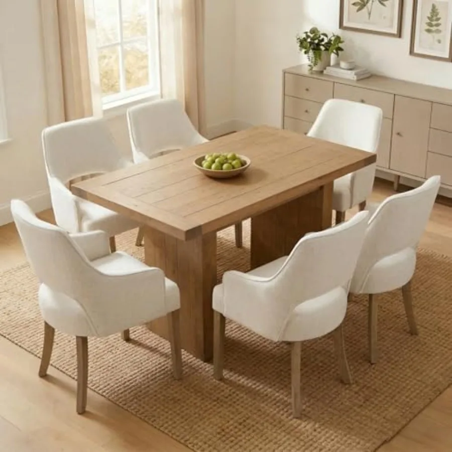 

Farmhouse Upholstered Dining Chairs Set of 6, Linen Fabric Dining Room Chairs with Arms, Solid Wood Kitchen Side Chairs for Din